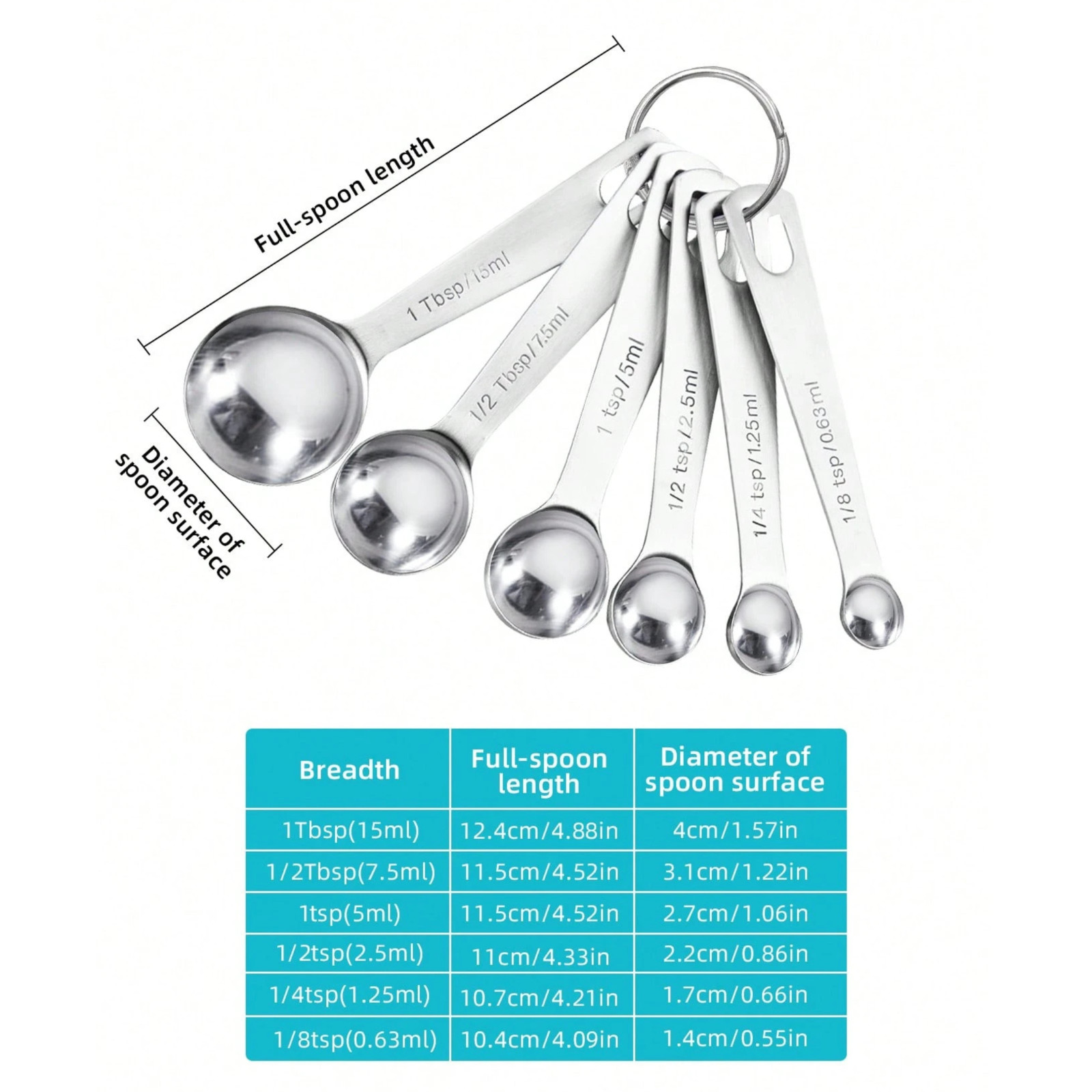 Stainless Steel Measuring Spoons Set 4.9″ Teaspoon Tablespoon Scoop Silver 6pcs