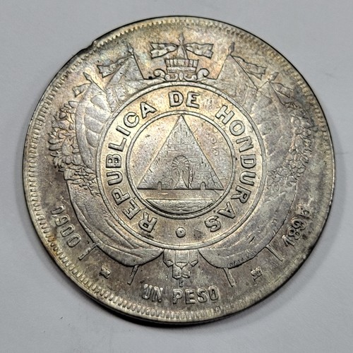 1895 HONDURAS Silver Peso Higher Grade AU Tough Date Nice Type Genuine *V183