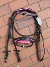 Schicke Trense aus Leder  Top Qualität Gr. Shetty pink unterlegt