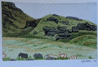 Icelandic Sheep on Hillside Watercolor ACEO 