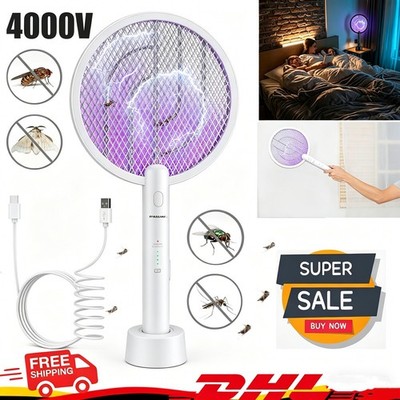 Insektenvernichter 2in1: Fliegenklatsche & UV Lampe, 4000V, mit USB Ladebasis