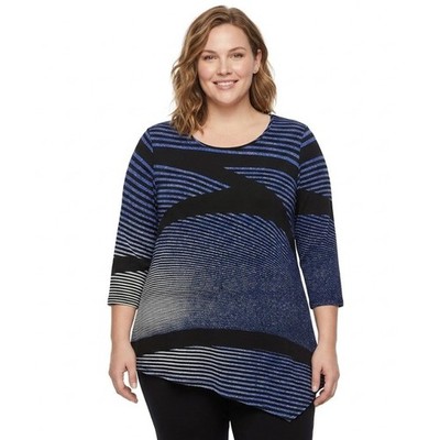 Clara Sun Woo Blue Black Striped Asymmetric Hem Stretch Tunic XL Preppy