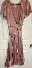 Blue Rain Pink Solid Wrap Midi Dress V-Neck Tie Waist Ruffle Flutter M