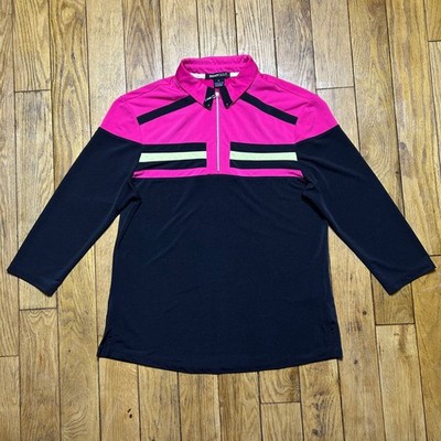 DKNY GOLF Womens Pink Black Colorblock Quarter Zip 3/4 Sleeve Polo Top Size M