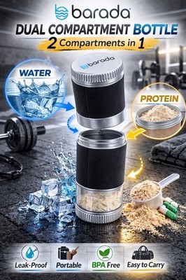 Termo doble compartimiento para proteína y agua   Ideal para gym 