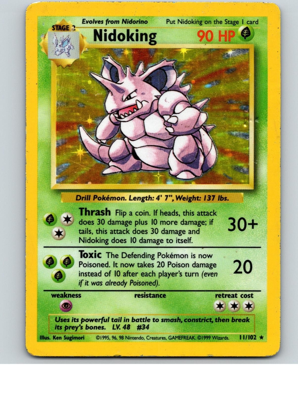 Nidoking 11/102 Holo Rare Base Set Unlimited Pokemon Heavily Played