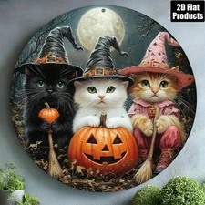 2D Flat2D Flat, 1pc, Three Cats Witch Hat Theme, Round Aluminum Metal Decorative