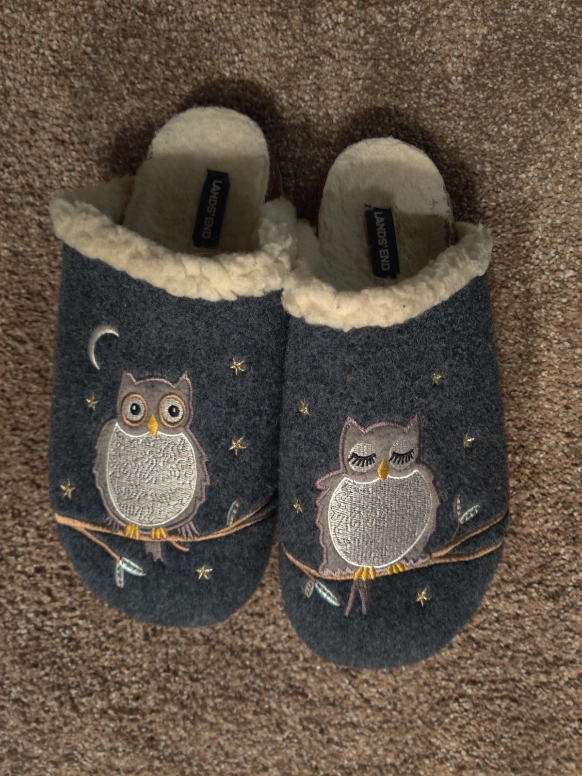 Lands' End Blue Owl Slippers Size 10B Slip-on Excellent Used Condition
