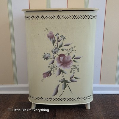 Vintage Detecto Metal Laundry Hamper w/ Hand Painted Floral Mid-Century 50s 60s