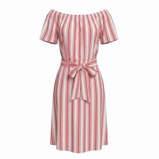 Michael Kors Coral Stripe Wrap Midi Dress Off Shoulder Large Cotton Linen Blend