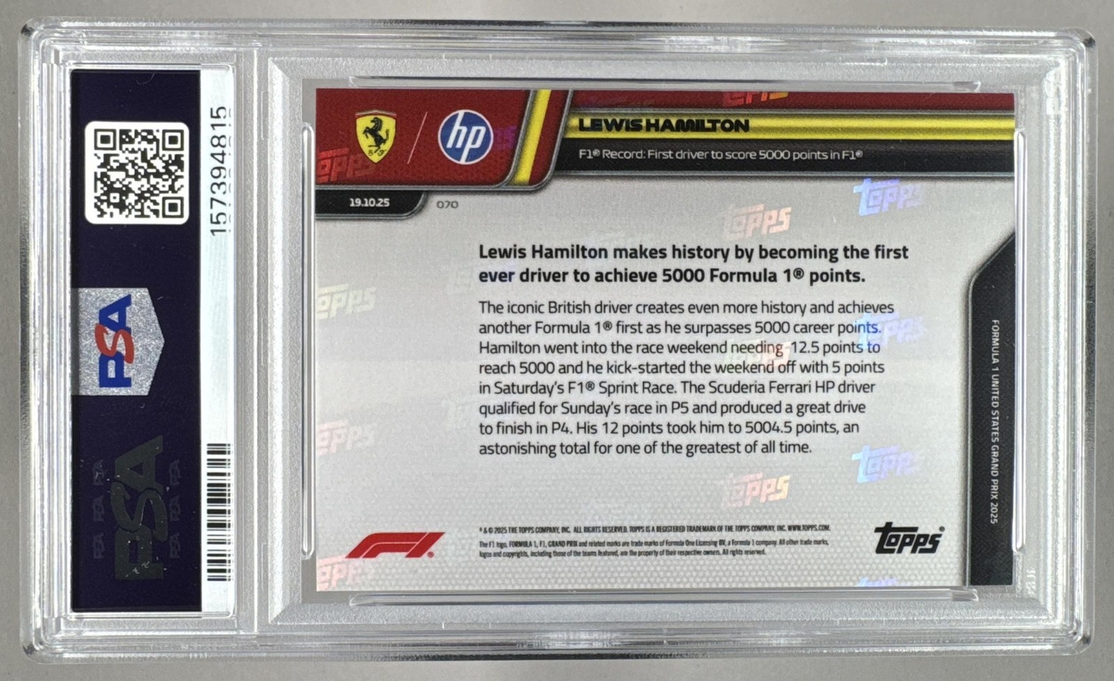 157394815 Lewis Hamilton 2025 Topps NOW F1 #070 PSA 10 view 2