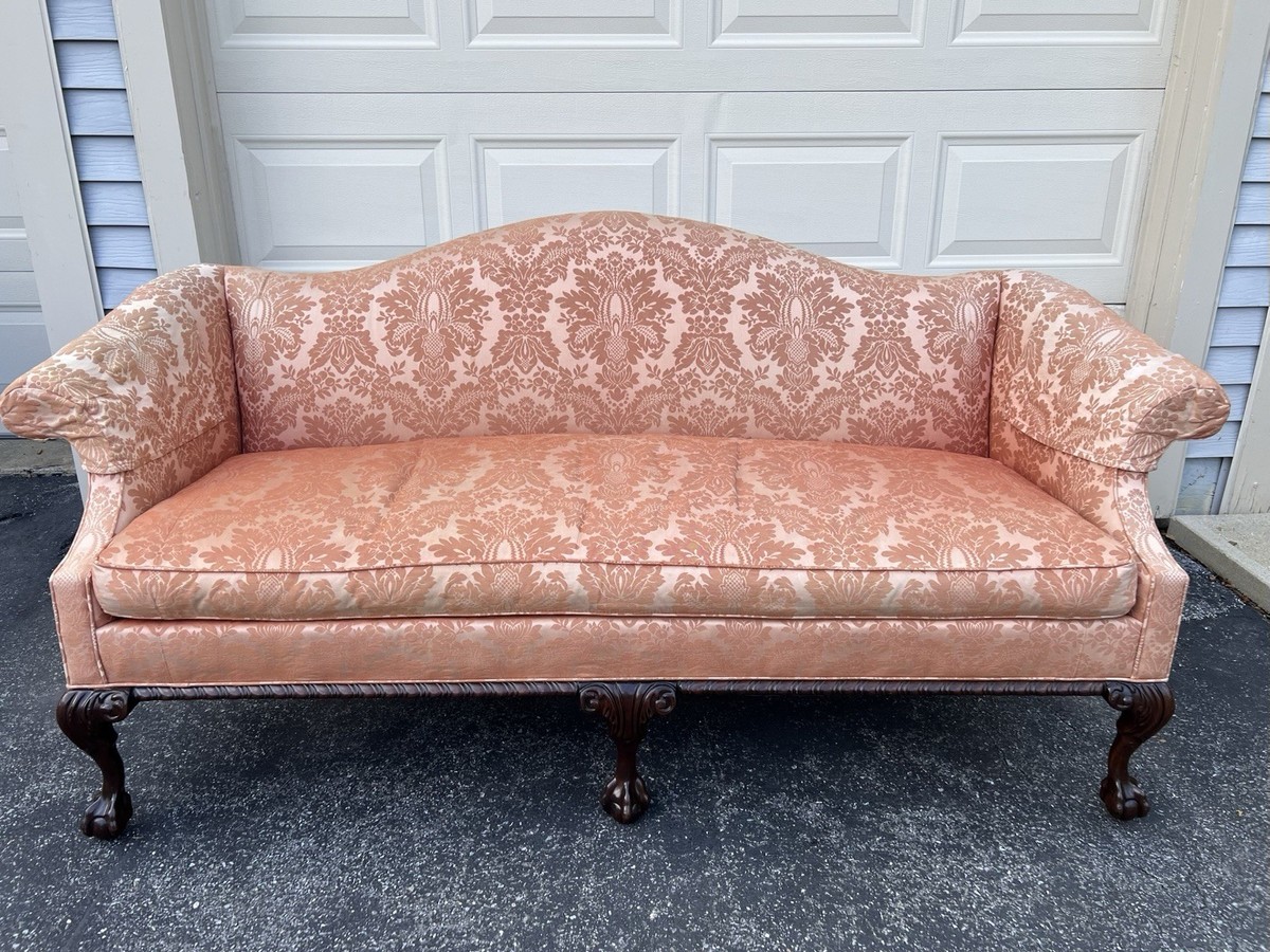 Vintage Hickory Peach Orange Chippendale Style Sofa W/ Mahogany