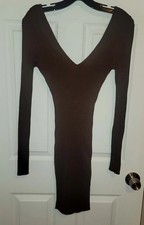 FASHION NOVA DEEP V-NECK LONG SLEEVE SWEATER RIBBED BROWN DRESS LARGE NWOT
