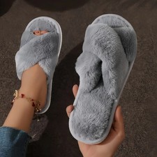 Women Fluffy Cross Fur Slippers Open Toe Warm Indoor Flat Non Slip Slides UK
