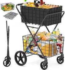 Heavy Duty 2 Tier Rolling Grocery Cart 400Lb Collapsible Shopping Basket Utility