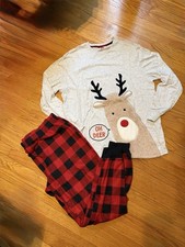 2 Piece Mens Plaid Holiday Time Fuzzy deer Matching Family Pajama Set Size Large