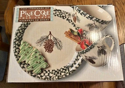 TIENSHAN HOLIDAY PINES STONEWARE FOLKCRAFT 16 Pc Plates,Bowls,Mugs PINECONE