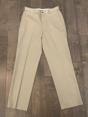 Haggar Premium Flat Front Dress Pants Mens Size 42X30 Khaki Tan Expandable Waist