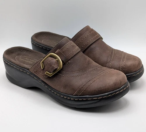 Clarks Zoccoli Slides Marrone Pelle Fibbia Mules Donna Taglia 6M Scarpe