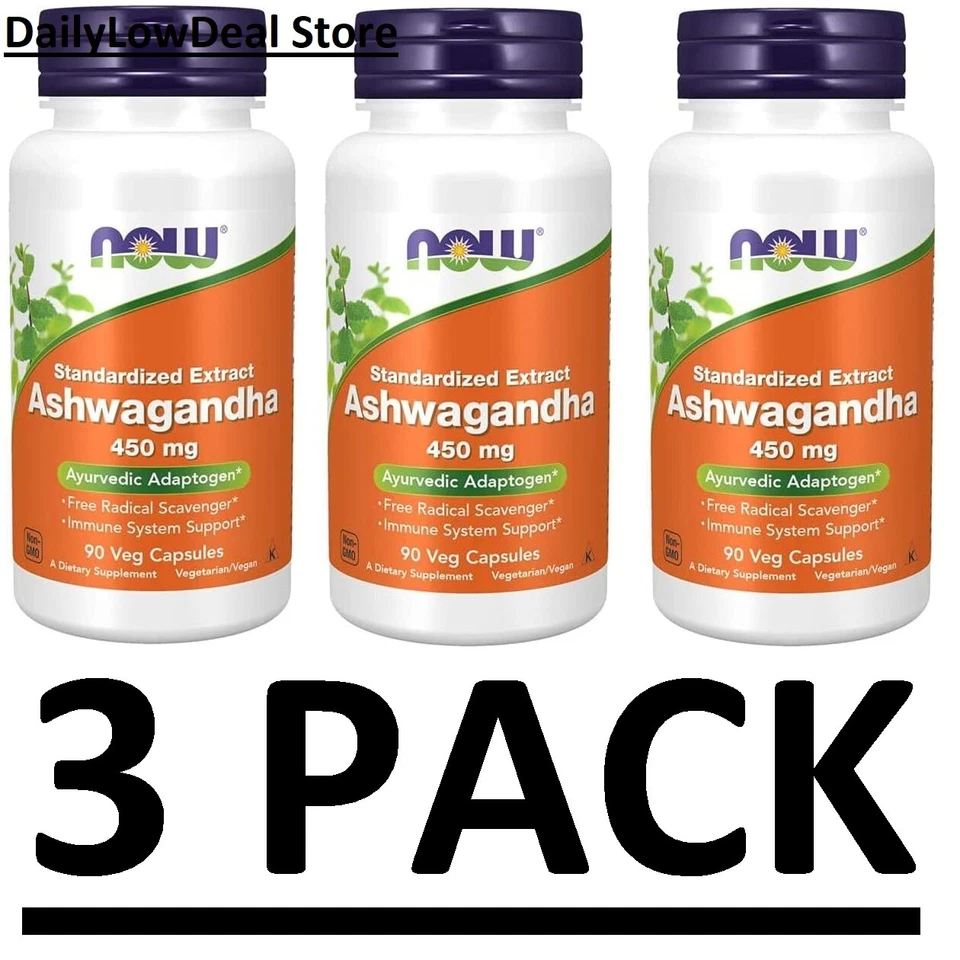 3 包 - NOW Foods Ashwagandha 标准提取物 450 毫克,90 粒素食胶囊(共 270 粒) — 第 3/4 张图片