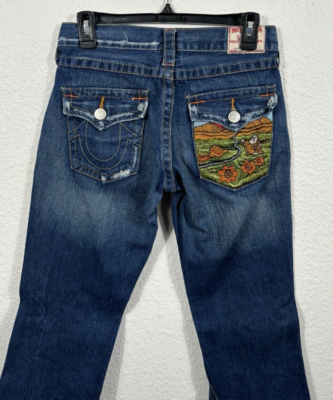 True Religion Joey Bootcut Jeans Budda Embroidered Blue Cotton 
