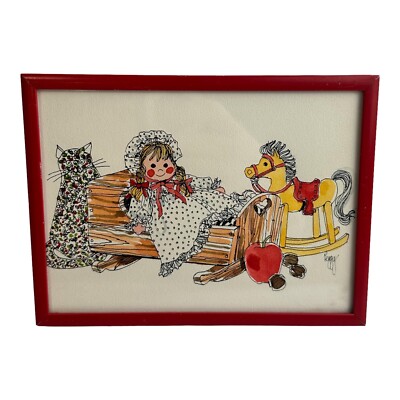 Red Nielsen Framed Toys by Peggy Watercolor Rocking Horse Doll Cat