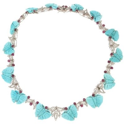 Handcrafted Turquoise Butterfly Design Choker Necklace 925 SS Art Deco Jewellery