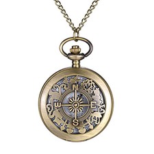 Retro Mens Bronze Hollow Carved Case Arabic Numerals Quartz Pocket Watch w Chain