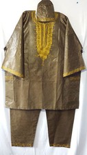 Mens Clothing 3Pcs Dashiki Pant Suit boho African Brocade Khaki BrownFree Size