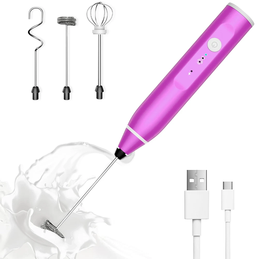 Milk Frother Rechargeable Handheld Electric Whisk Coffee Frother Mixer with 3...