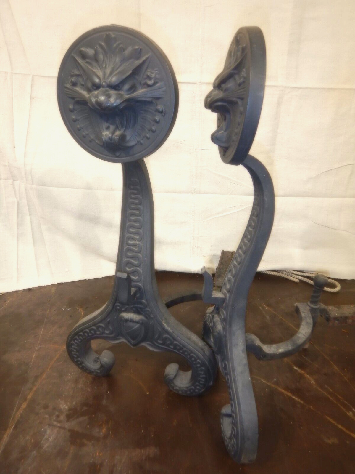 Antique Art Nouveau Gothic Dragon Bradley Hubbard Cast Iron Fireplace Andirons 