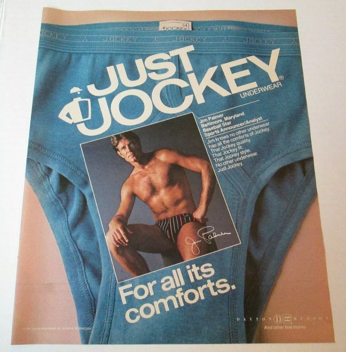 1987 JIM PALMER JUST JOCKEY UNDERWEAR 1980's 10 X 12 Magazine Ad RSL3