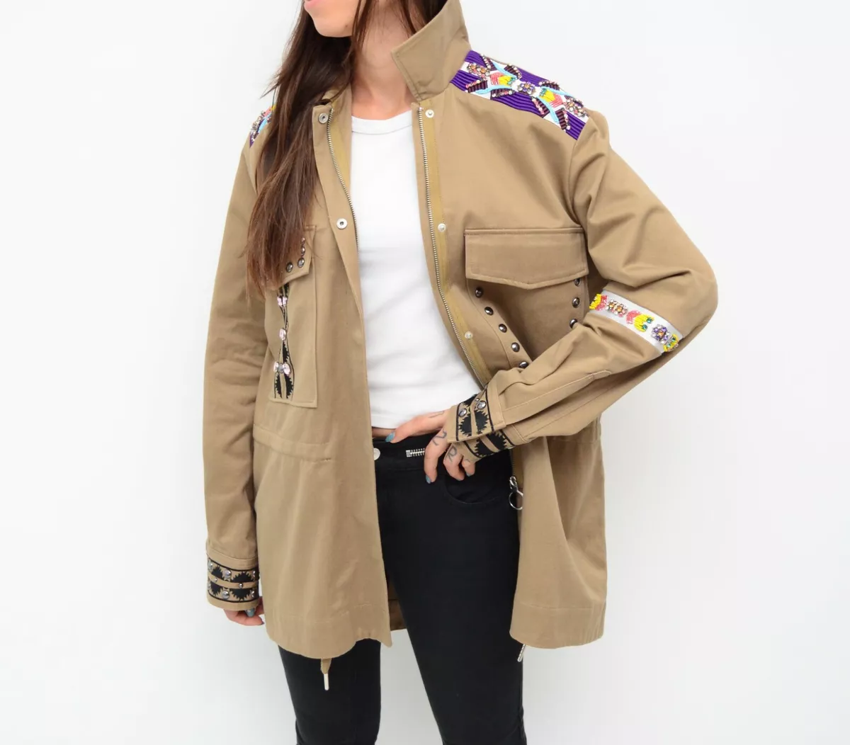 Women's Pinko Beaded Stud Military Coat Jacket Overcoat Brown Size 40 UK12  US8 | eBay