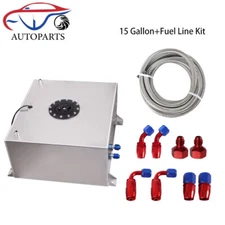 Universal 15 Gallon Fuel Cell Tank Polished with Cap/Level Sender 12FT Fuel Line
