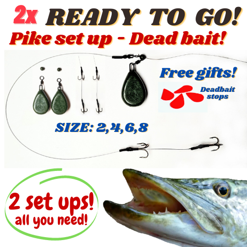 x READY TO GO Pike Fishing Dead Bait set up SIZE 2,4,6,8 Pike rigs  TRACE