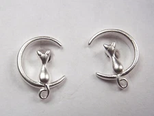Kitty Cat and Crescent Moon Stud Earrings 925 Sterling Silver 