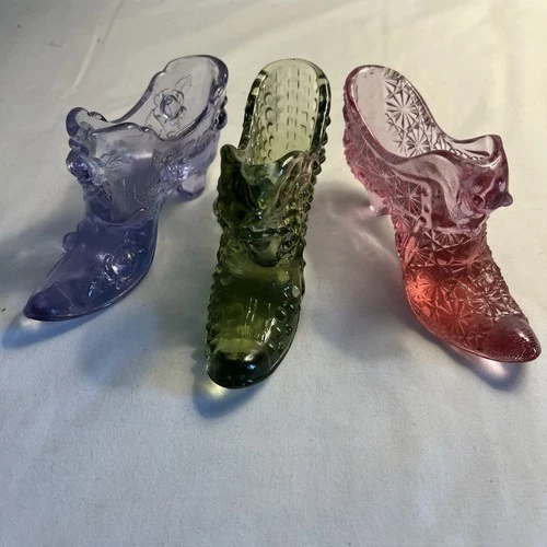 3 Vintage Fenton Glass Shoes- Pink Daisy, Colonial Green & Cabbage Rose