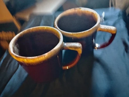 2 McCoy Brown Drip Mug Coffee Tea Cup Glaze Glass USA Pottery Vintage
