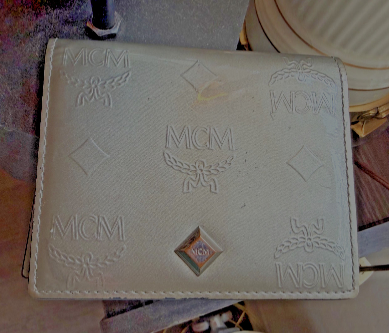 MCM women's grey patent leather Visetos mini bifold wallet