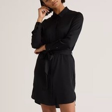 Quince Washable Stretch Silk Shirt Dress Large Black Collared Button Up Mini