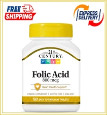 21st Century 800 mcg Folic Acid Tablets, Assorted, 180 Count