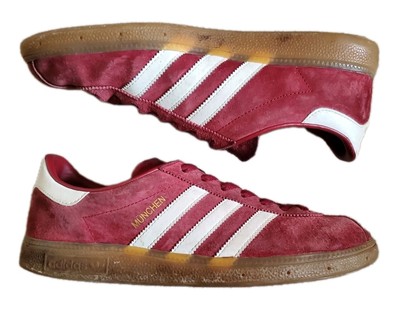 Adidas München Turnschuhe Rot Wildleder Creme Streifen Gummisohle Herren Uk 9 Eu 43