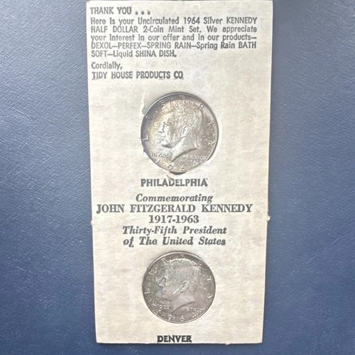 1964 Silver Kennedy Half Dollar 2-Coin Mint Set Philadelphia Denver Uncirculated