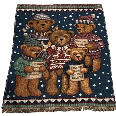 Vintage Tapestry Throw Blanket Teddy Bears Carolers Fringe Afghan 52x46 - Image 1 of 4