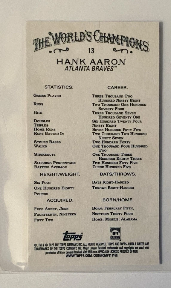 Mini Gold Border 2025 Topps Allen & Ginter Hank Aaron SSP Atlanta Braves Salón de la fama Foto 2 de 3