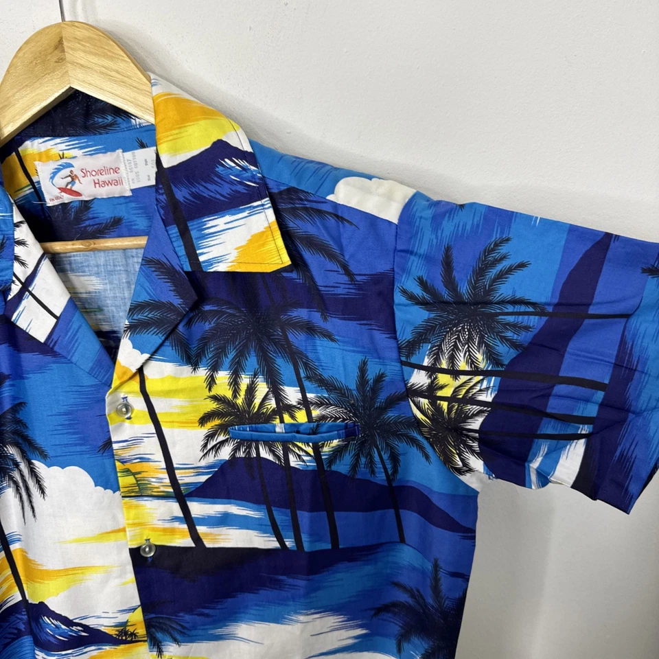 Vintage Shoreline Hawaii Men M Blue Palm Island Hawaiian Shirt - Image 2 of 4