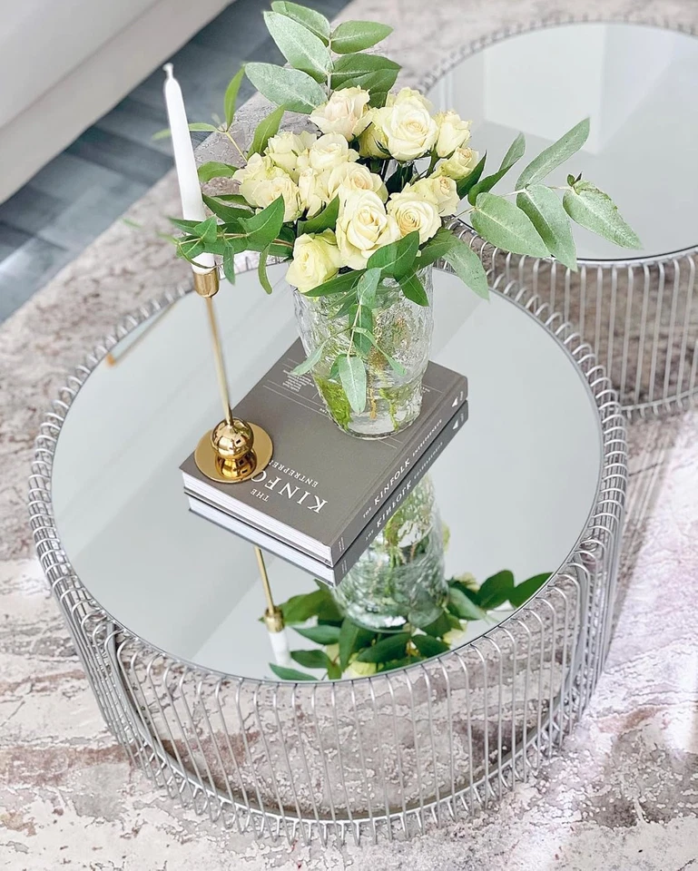 Design Tavolini Da Caffè, Argento/Specchio, Rotondo, Acciaio, Vetro, Tavolino Da - Immagine 2 di 4