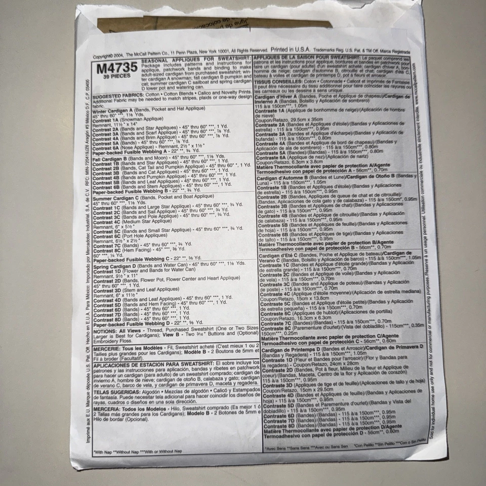 McCall's M4735 Sewing Pattern, Seasonal Appliques for Sweatshirt, UNCUT - Image 3 of 4