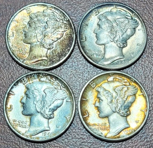 Mercury Dime TONERS 1938-1943 BU UNC Toned Obverse 90% Silver 10c Coins