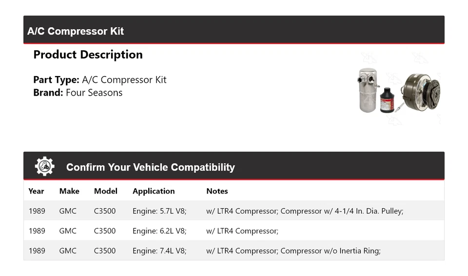 Kit de compresor de aire acondicionado GMC C3500 1989 4 estaciones Foto 2 de 4